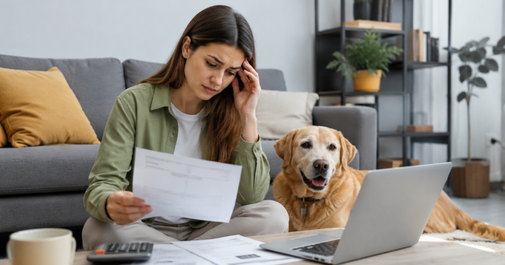 Switch pet insurance, worried pet owner reading insurance renewal bill
