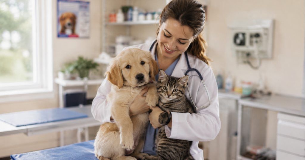 Best pet insurance companies, veterinarian holding a puppy and kitten