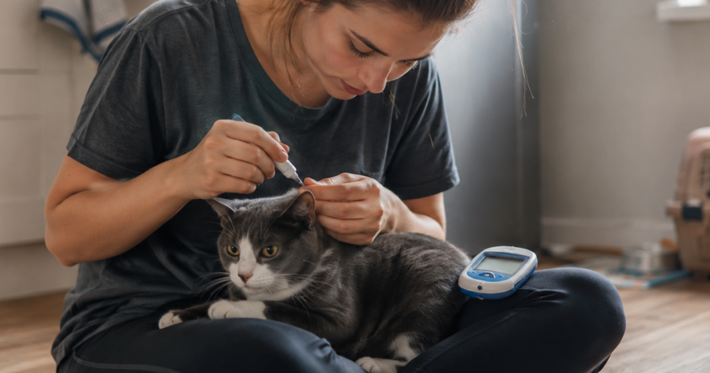 Diabetic cat insurance, owner checking a cat's blood glucose at home