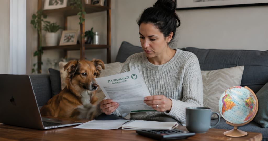 Pet insurance rate increases by state, worried owner reviewing renewal notice with US map