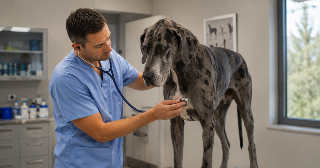 Great dane pet insurance, veterinarian listening to a great dane's heart with a stethoscope