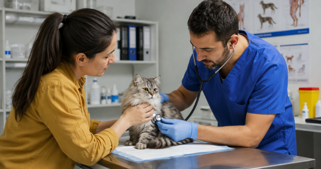 FIP pet insurance, veterinarian examining a cat during treatment consultation