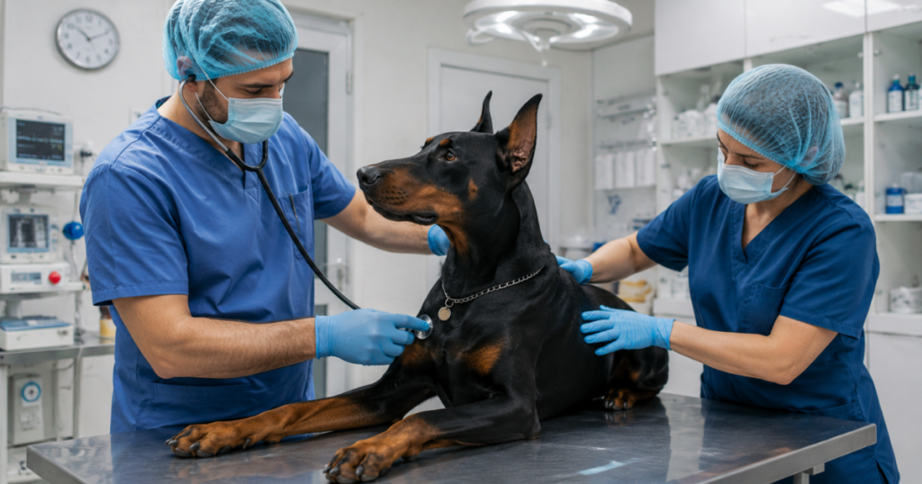 Doberman pet insurance, veterinarian examining a doberman before surgery