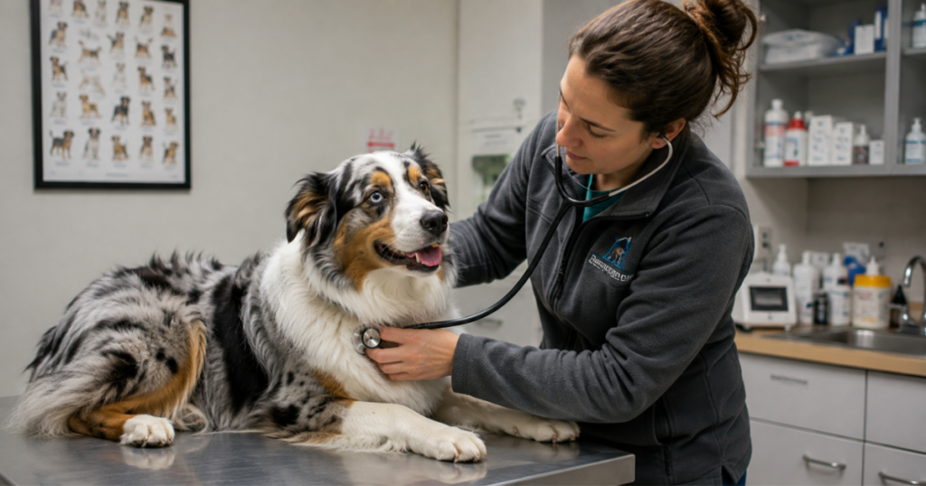 Australian shepherd pet insurance, veterinarian examining an australian shepherd