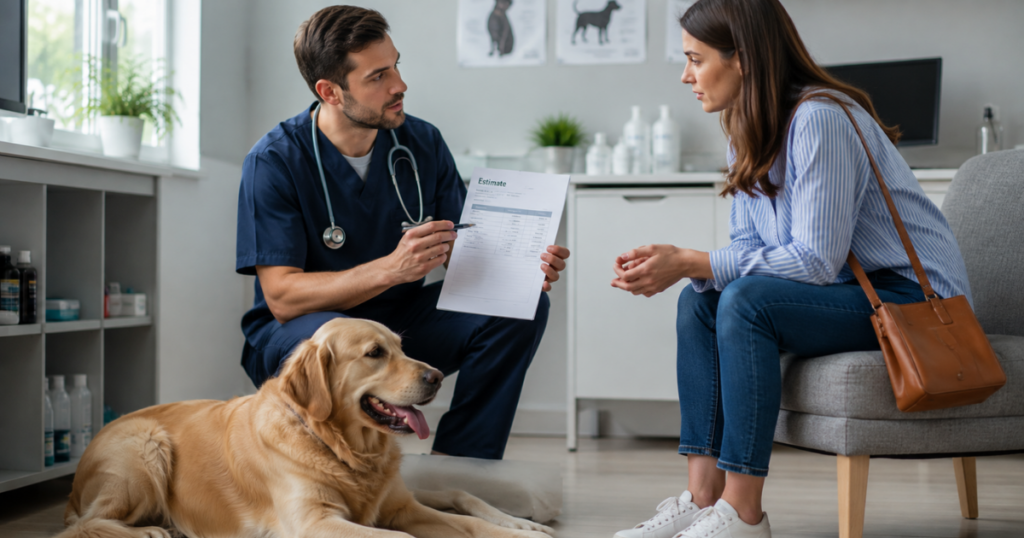 Is pet insurance worth it, pet owner reviewing costs with veterinarian