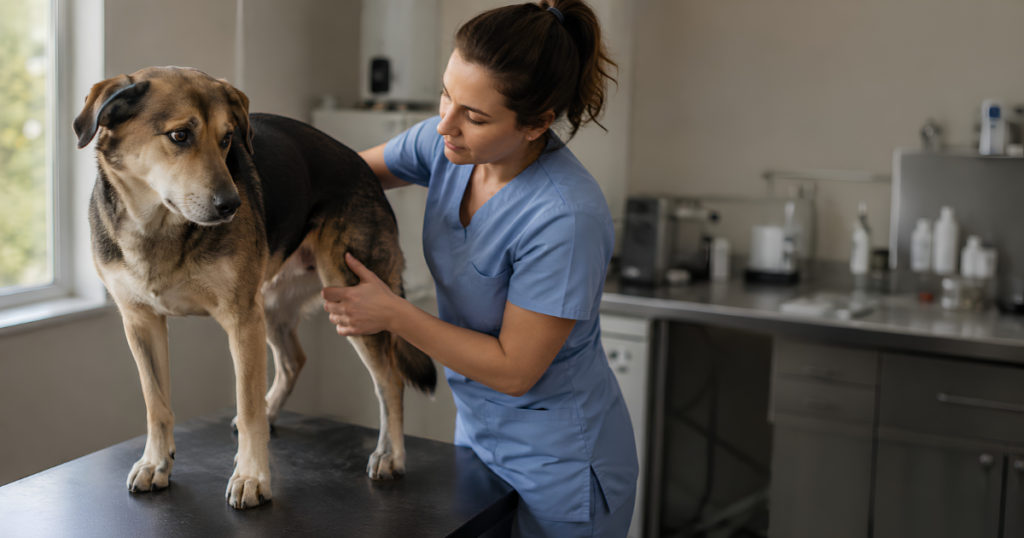 Pet insurance hip dysplasia, veterinarian examining a dog's hip and hind leg