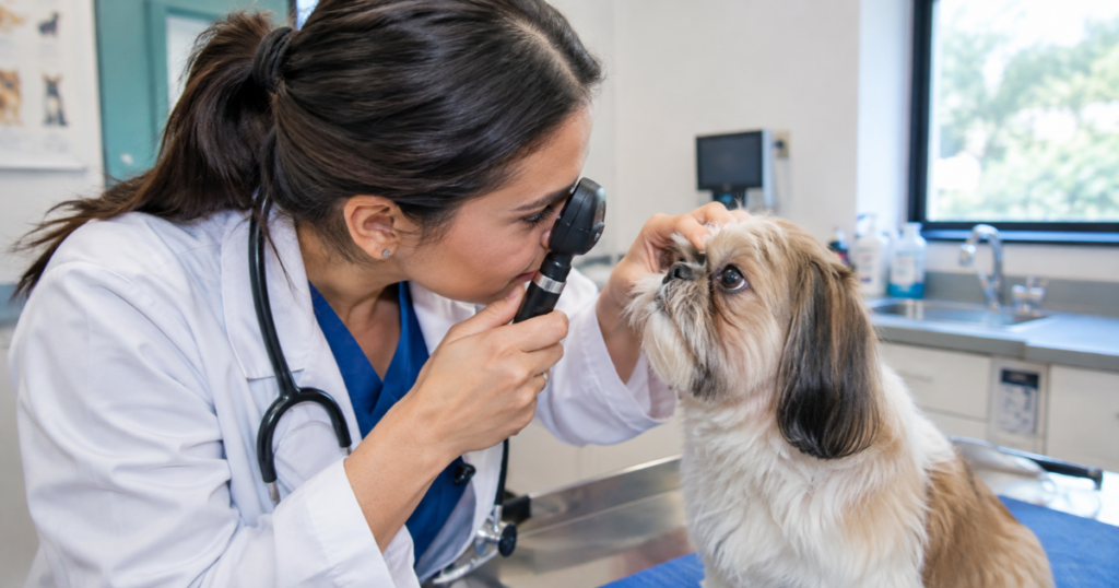 Shih tzu pet insurance, veterinarian examining a shih tzu's eyes