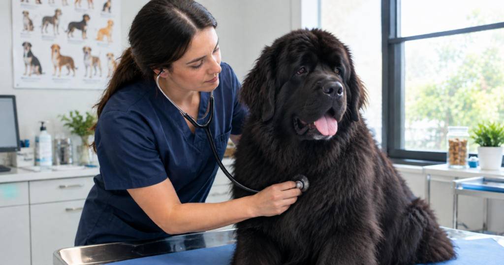 newfoundland pet insurance, veterinarian listening to newfoundland dog's heart